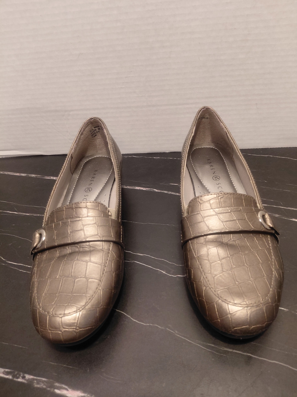 Karen Scott Metallic Taupe Croc-Embossed Loafers - Women's